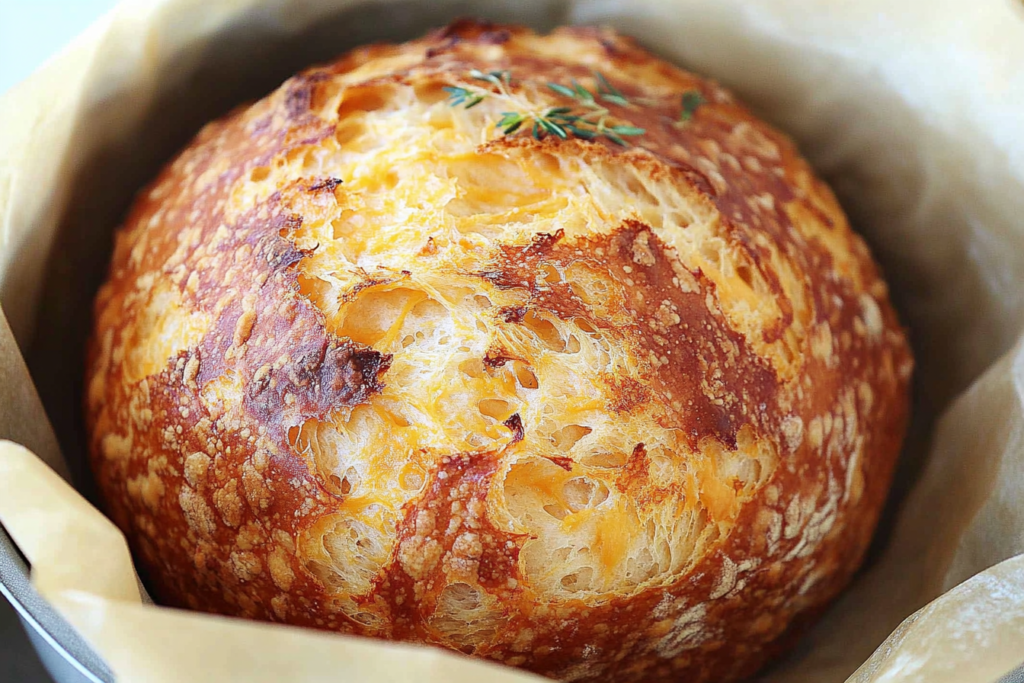 Sliced No Knead Cheddar Bread with golden crust