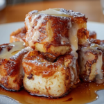 Cinnamon Roll French Toast Bites served with icing drizzle