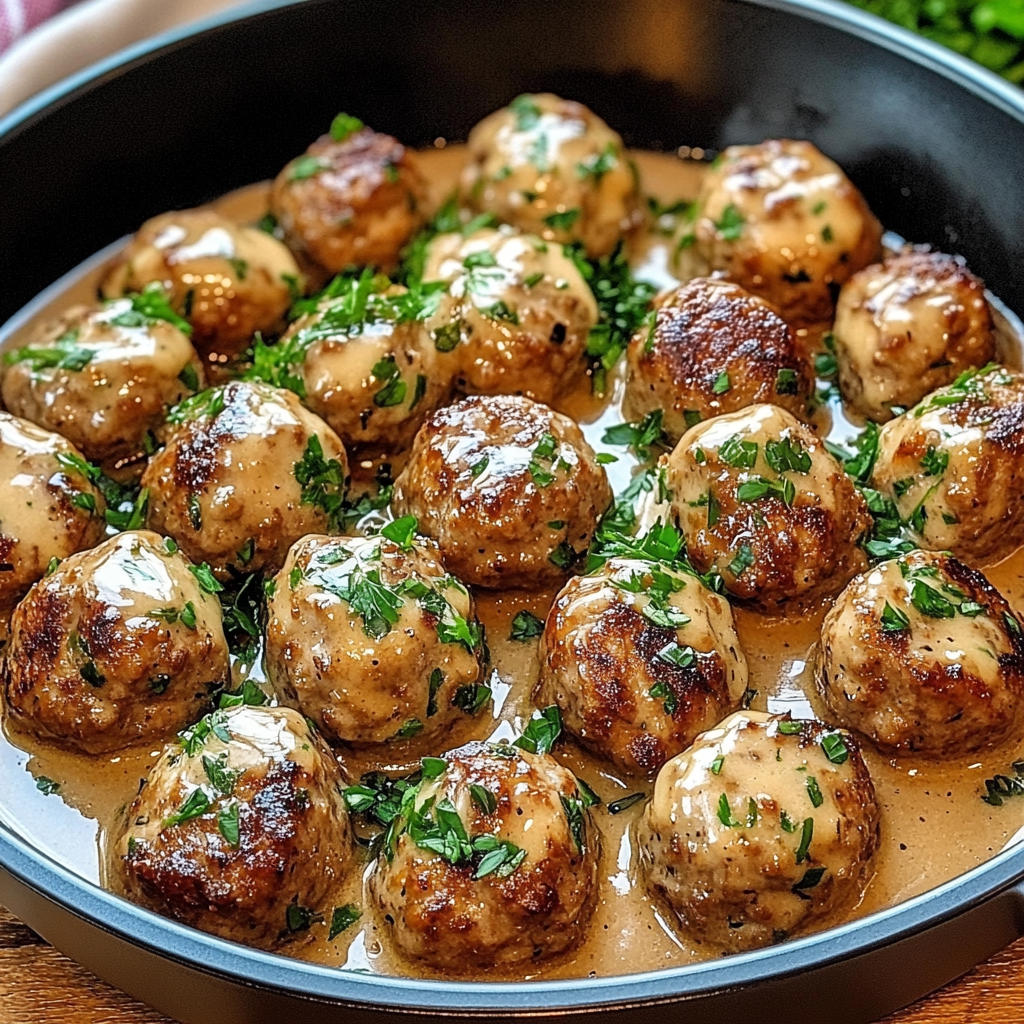 classic Swedish meatballs in skillet with creamy sauce