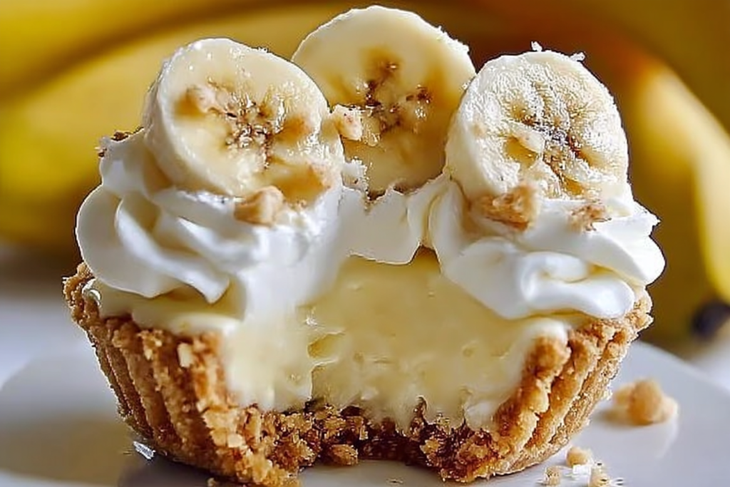 close up of creamy no bake mini banana cream pies with fresh banana slices