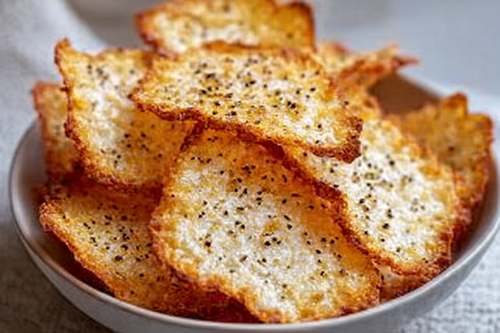 golden baked cottage cheese crisps on parchment paper