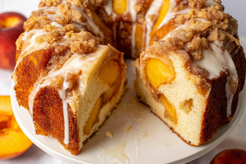 homemade peach cobbler pound cake in bundt pan