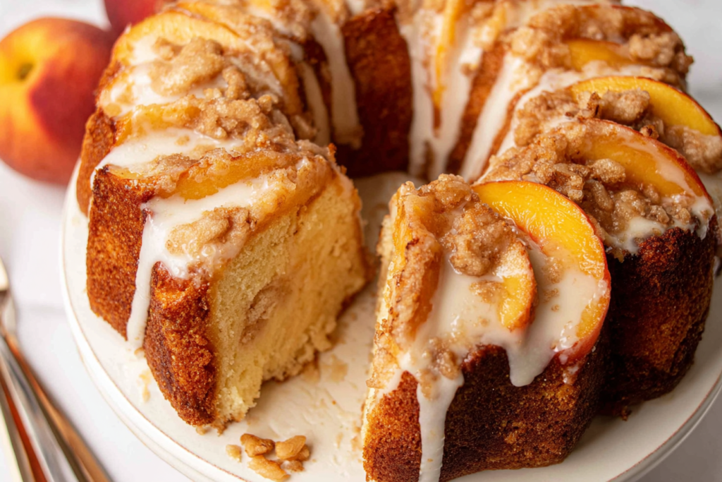 moist peach cobbler pound cake with cinnamon topping