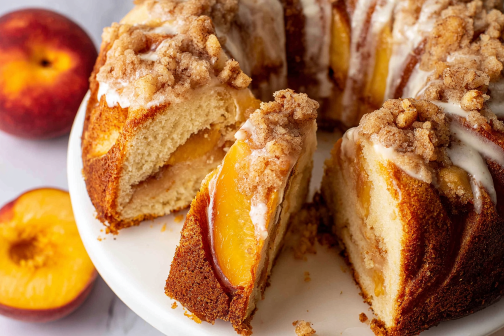peach cobbler pound cake served with whipped cream