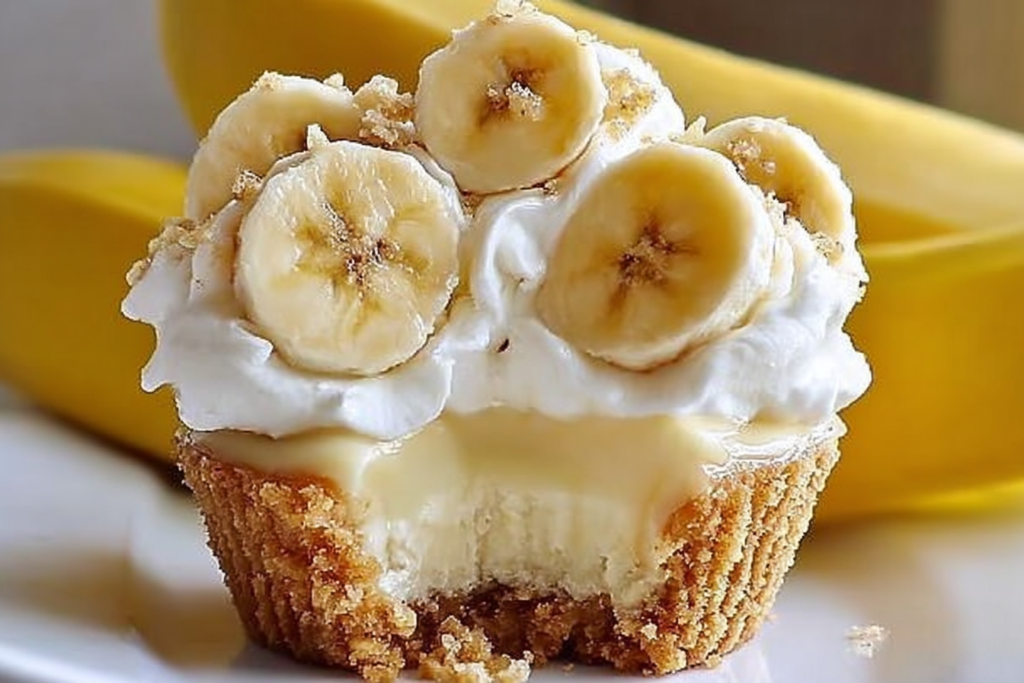 step by step layers of no bake mini banana cream pies filling and crust