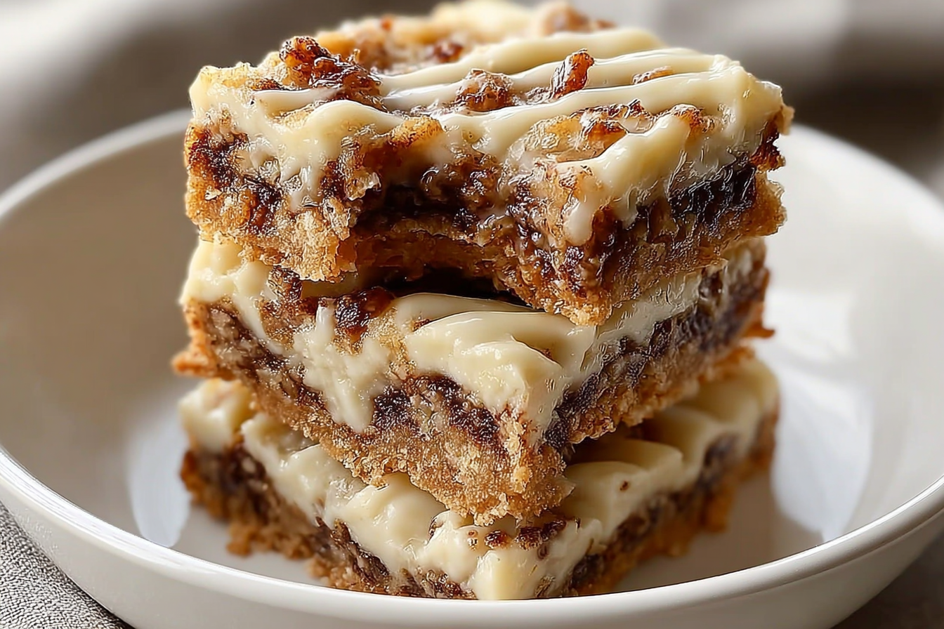 Freshly baked Cinnamon Roll Bliss Bars in a pan with cinnamon sugar swirl