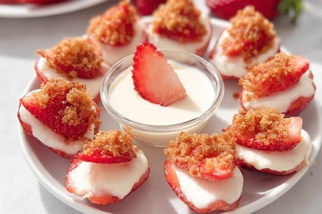 Cheesecake Deviled Strawberries filled with creamy cheesecake topping